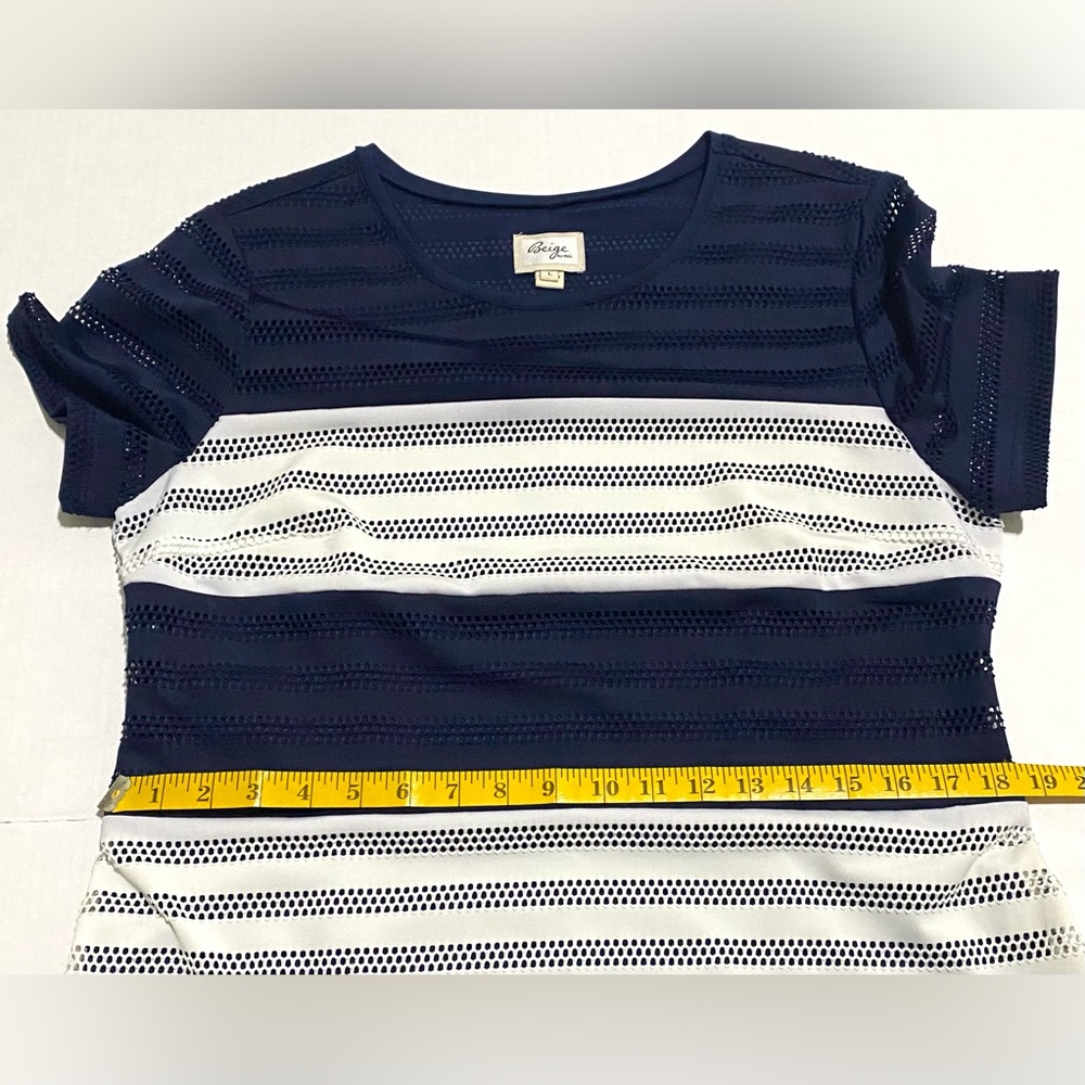 Beige by ECI Womens L Navy Blue White Stripe Short Sleeve Straight Dress Classic - Picture 9 of 12